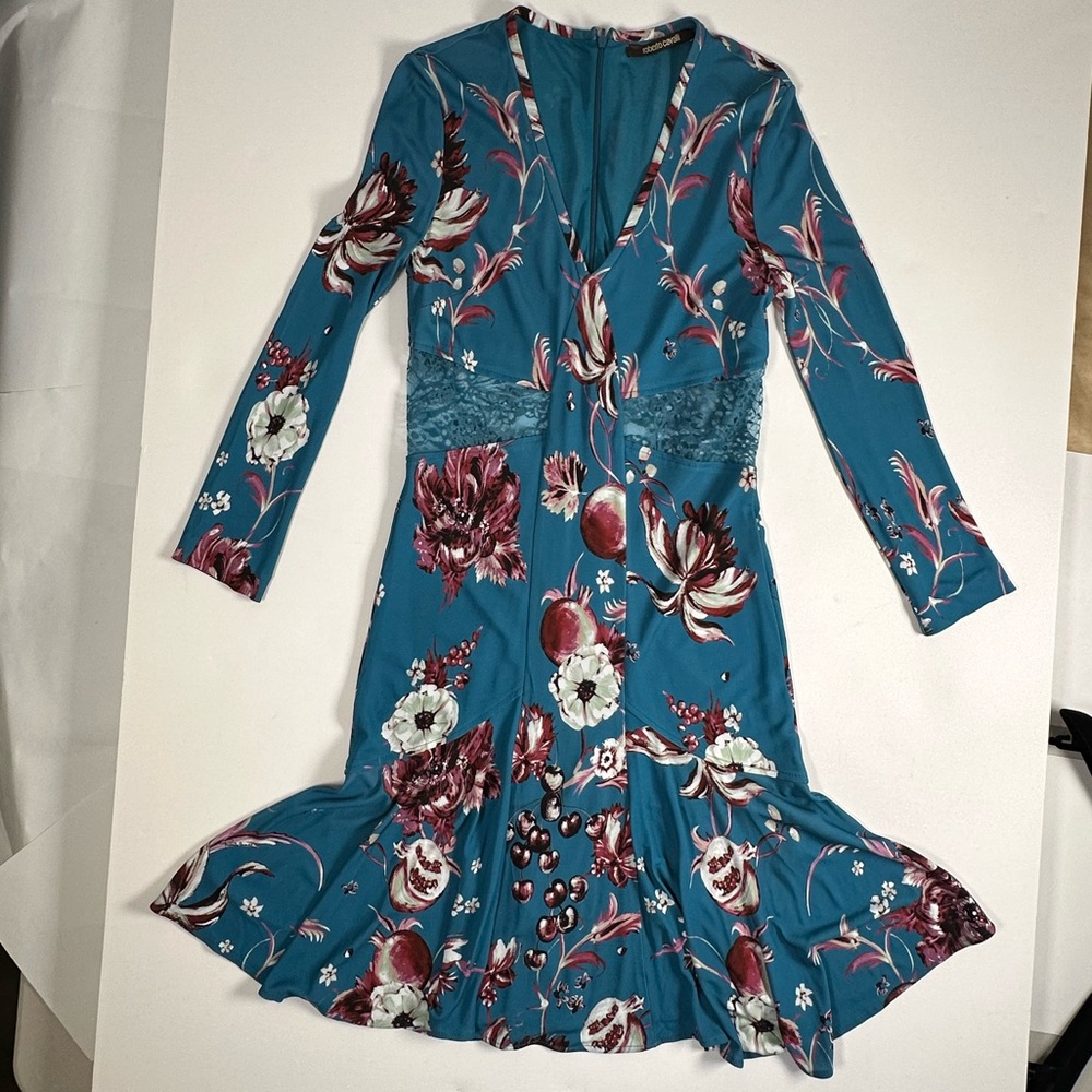 Roberto Cavalli Dress, Runway, Teal & Pomegranate, Forbidden Fruit, EU 44